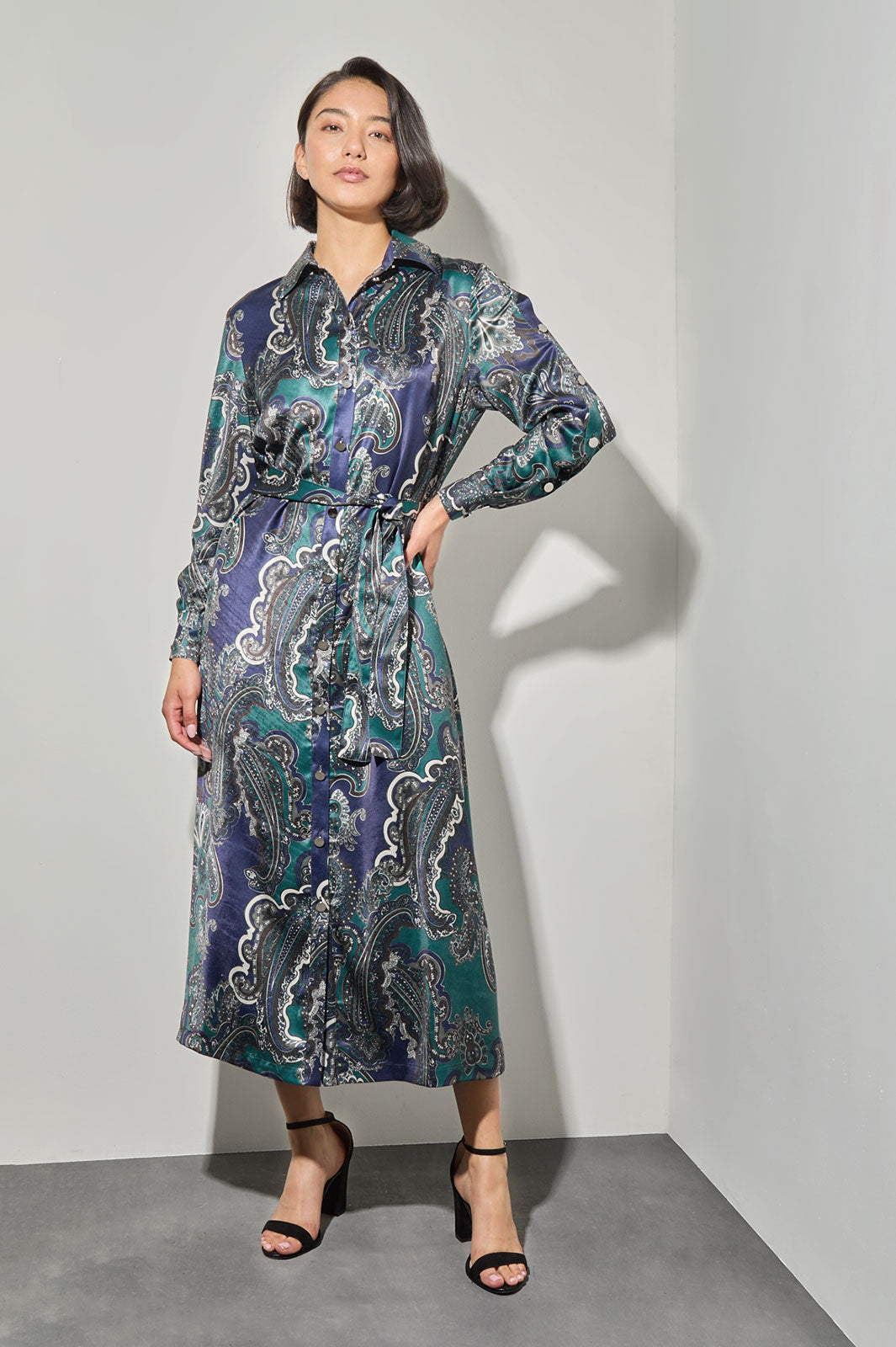 Printed Paisley Charmeuse Maxi Shirt Dress, Forest Veridian/Regatta/Limestone/Dark Umber/Black | Ming Wang